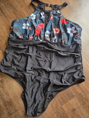 Floral High-Neck One-Piece Swimsuit - Black with Red & Blue Floral